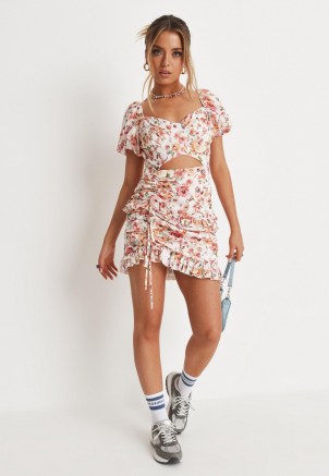 MISSGUIDED pink floral print ruched front cut out mini dress ~ puff sleeve ruffle trim dresses ~ womens on trend fashion ~ gathered detail - flipped