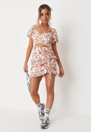 MISSGUIDED pink floral print ruched front cut out mini dress ~ puff sleeve ruffle trim dresses ~ womens on trend fashion ~ gathered detail