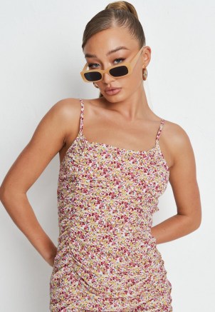 MISSGUIDED pink floral print ruched strappy mini dress / cami strap dresses / womens on trend summer fashion - flipped