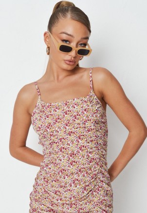 MISSGUIDED pink floral print ruched strappy mini dress / cami strap dresses / womens on trend summer fashion