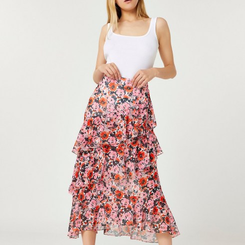 RIVER ISLAND Pink floral print ruffle maxi skirt ~ ruffled tiered overlay skirts ~ womens romantic floaty fashion - flipped