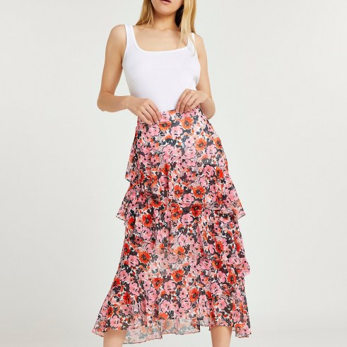 RIVER ISLAND Pink floral print ruffle maxi skirt ~ ruffled tiered overlay skirts ~ womens romantic floaty fashion