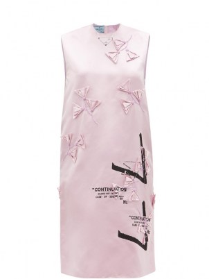PRADA Pink floral-appliqué silk-duchess shift dress ~ womens designer slogan print dresses ~ women’s fashion