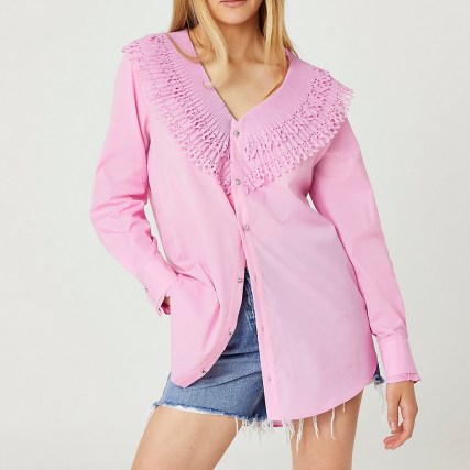 River Island Pink frill neck long sleeve shirt | womens longline curve hem shirts - flipped