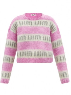 MIU MIU Pink logo-jacquard mohair-blend sweater ~ womens fluffy drop shoulder sweaters ~ women’s designer knitwear - flipped
