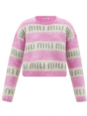 MIU MIU Pink logo-jacquard mohair-blend sweater ~ womens fluffy drop shoulder sweaters ~ women’s designer knitwear
