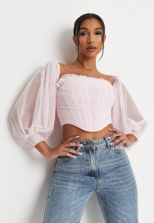 MISSGUIDED pink mesh puff sleeve corset crop top - flipped