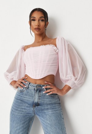 MISSGUIDED pink mesh puff sleeve corset crop top