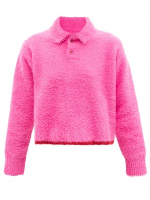 JACQUEMUS Neve pink point-collar textured sweater ~ womens bright fluffy collared jumpers - flipped
