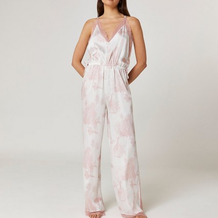 RIVER ISLAND Pink printed satin and lace jumpsuit - flipped