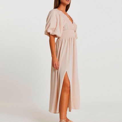 RIVER ISLAND Pink puff sleeve shirred waist maxi dress ~ split hem summer dresses