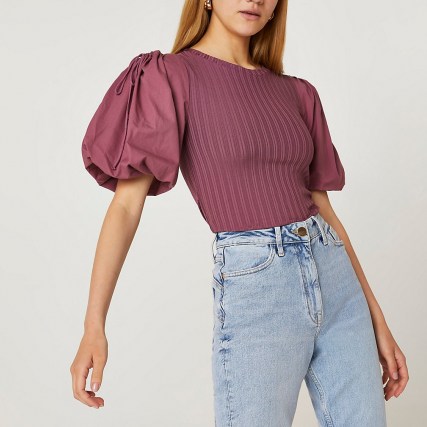 RIVER ISLAND Pink puff sleeve top ~ romantic style ribbed tops - flipped