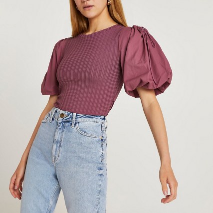 RIVER ISLAND Pink puff sleeve top ~ romantic style ribbed tops