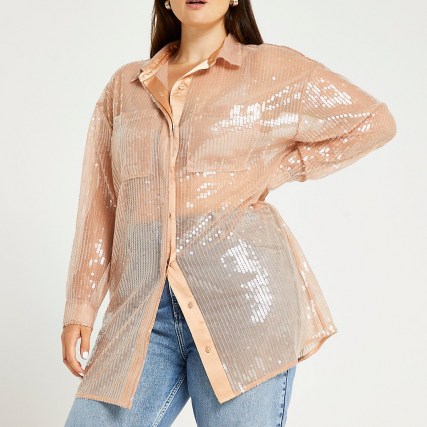 RIVER ISLAND Plus beige oversized fit sequin shirt / womens plus sized sequinned shirts / shimmering luxe style fashion