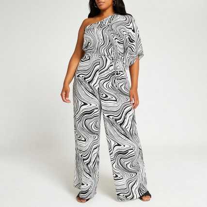 River Island Plus black marble print wide leg jumpsuit | monochrome psychedelic prints | womens one shoulder jumpsuits | women’s plus size going out fashion