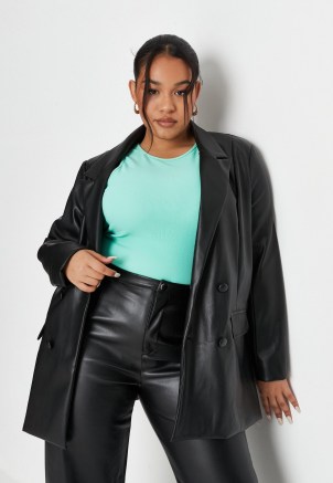 MISSGUIDED plus size black faux leather oversized blazer ~ womens casual on trend double breasted jackets - flipped