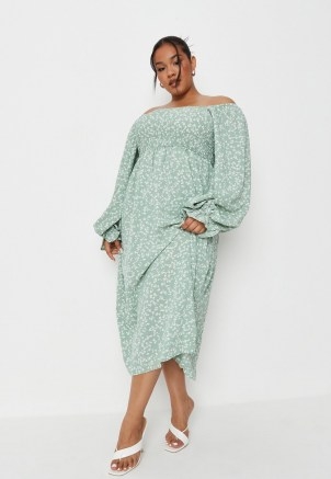 MISSGUIDED plus size sage floral print shirred smock midaxi dress ~ womens feminine green summer dresses - flipped