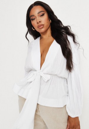 Missguided plus size white cheesecloth plunge flippy hem blouse | deep V-neck | plunging neck blouses - flipped