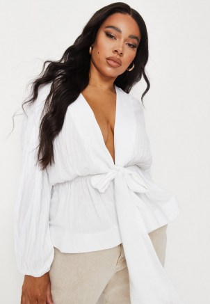 Missguided plus size white cheesecloth plunge flippy hem blouse | deep V-neck | plunging neck blouses