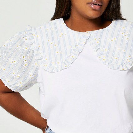 RIVER ISLAND Plus white gingham floral collar blouse / womens romantic plus size tops / frill trin tops - flipped