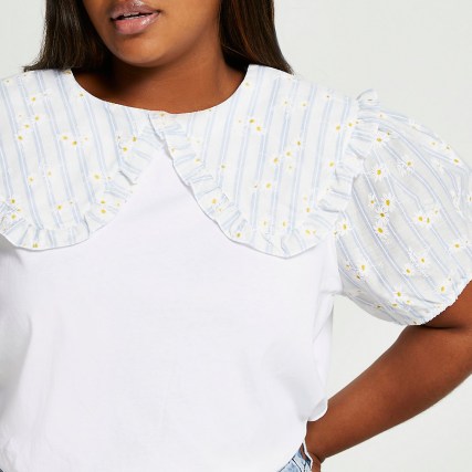 RIVER ISLAND Plus white gingham floral collar blouse / womens romantic plus size tops / frill trin tops