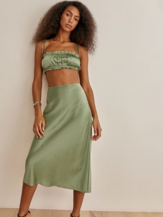 REFORMATION Pratt Skirt Artichoke | green silk charmeuse skirts - flipped