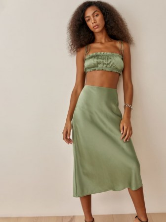REFORMATION Pratt Skirt Artichoke | green silk charmeuse skirts