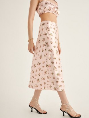 REFORMATION Pratt Skirt in Audrey ~ pink floral silk charmeuse fabric skirts - flipped