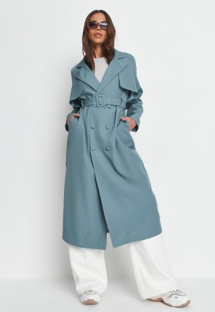 MISSGUIDED premium teal covered buckle trench coat ~ womens classic belted coats - flipped