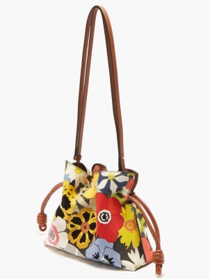 LOEWE Flamenco pansy-print mini leather clutch bag / small floral shoulder bags / feminine drawstring handbags - flipped