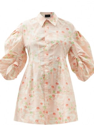 SIMONE ROCHA Floral-print pink cotton-poplin shirt dress – retro flower prints – collard balloon sleeve front button dresses – romantic fashion - flipped