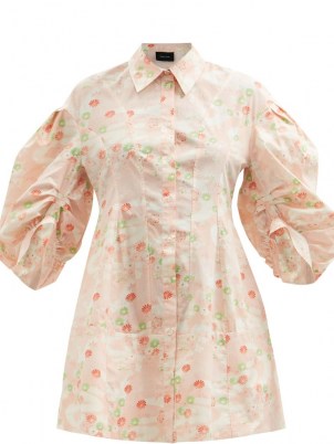 SIMONE ROCHA Floral-print pink cotton-poplin shirt dress – retro flower prints – collard balloon sleeve front button dresses – romantic fashion