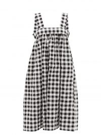 COMME DES GARÇONS GIRL Gathered gingham cotton-dobby pinafore dress / womens check print pinafores / black and white checked dresses