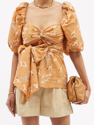 JOHANNA ORTIZ Latin Gaucho puffed-sleeve cotton-poplin top – bow embellished tie waist tops ~ horse print blouses - flipped