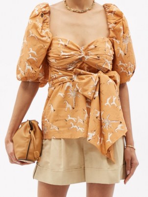 JOHANNA ORTIZ Latin Gaucho puffed-sleeve cotton-poplin top – bow embellished tie waist tops ~ horse print blouses