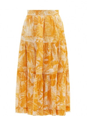 ZIMMERMANN Mae palm-print tiered yellow cotton midi skirt / leaf prints / womens summer skirts - flipped