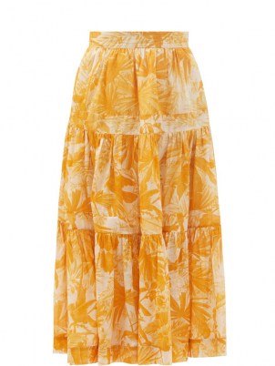 ZIMMERMANN Mae palm-print tiered yellow cotton midi skirt / leaf prints / womens summer skirts