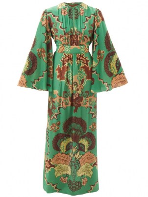 JOHANNA ORTIZ Mystical Importance silk crepe de Chine dress – green printed wide sleeve maxi dresses – glamorous 70s vintage inspired fashion - flipped