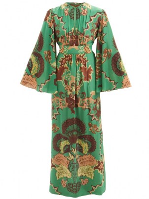 JOHANNA ORTIZ Mystical Importance silk crepe de Chine dress – green printed wide sleeve maxi dresses – glamorous 70s vintage inspired fashion