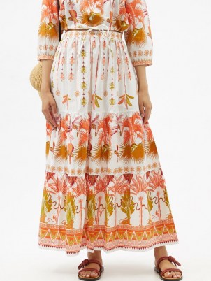 LE SIRENUSE, POSITANO Saskia Winter Garden-print cotton-poplin skirt / white and orange print summer maxi skirts - flipped