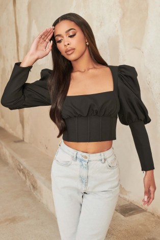 Lavish Alice puff sleeve corset style top in black | square neck crop tops - flipped