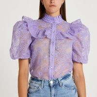 RIVER ISLAND Purple floral frill detail top – sheer romantic high neck ruffle tops – puff sleeve Victorian style fashion