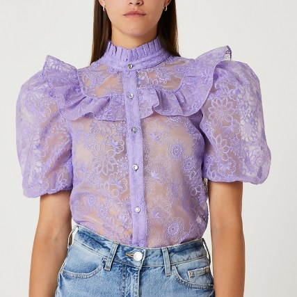 RIVER ISLAND Purple floral frill detail top – sheer romantic high neck ruffle tops – puff sleeve Victorian style fashion - flipped
