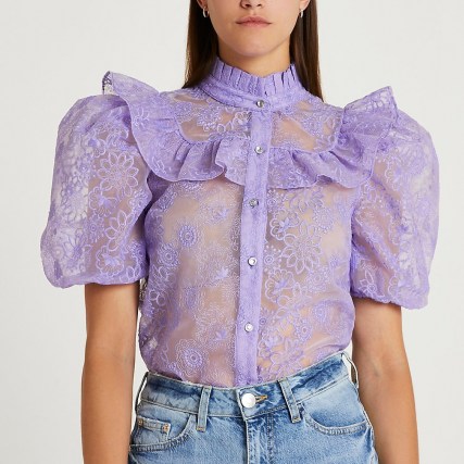 RIVER ISLAND Purple floral frill detail top – sheer romantic high neck ruffle tops – puff sleeve Victorian style fashion