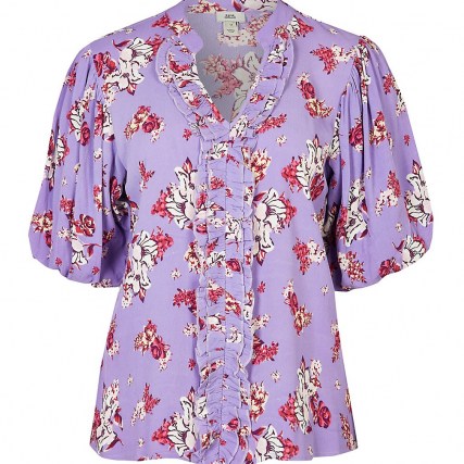 RIVER ISLAND Purple floral puff sleeve blouse ~ ruffle trim blouses - flipped