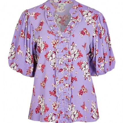 RIVER ISLAND Purple floral puff sleeve blouse ~ ruffle trim blouses
