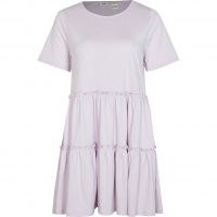RIVER ISLAND Purple frill detail t-shirt mini smock dress ~ cotton short sleeve tiered dresses ~ womens casual summer fashion