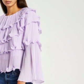 RIVER ISLAND Purple pleated layered blouse top ~ ruffle detail blouses ~ wide flute sleeve tops - flipped