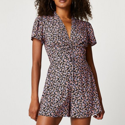 RIVER ISLAND Purple ruched front floral playsuit / womens vintage style playsuits / women’s retro fashion - flipped