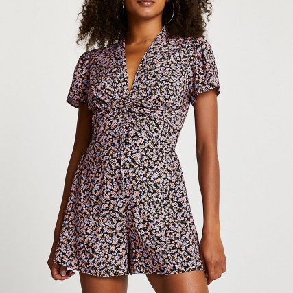RIVER ISLAND Purple ruched front floral playsuit / womens vintage style playsuits / women’s retro fashion